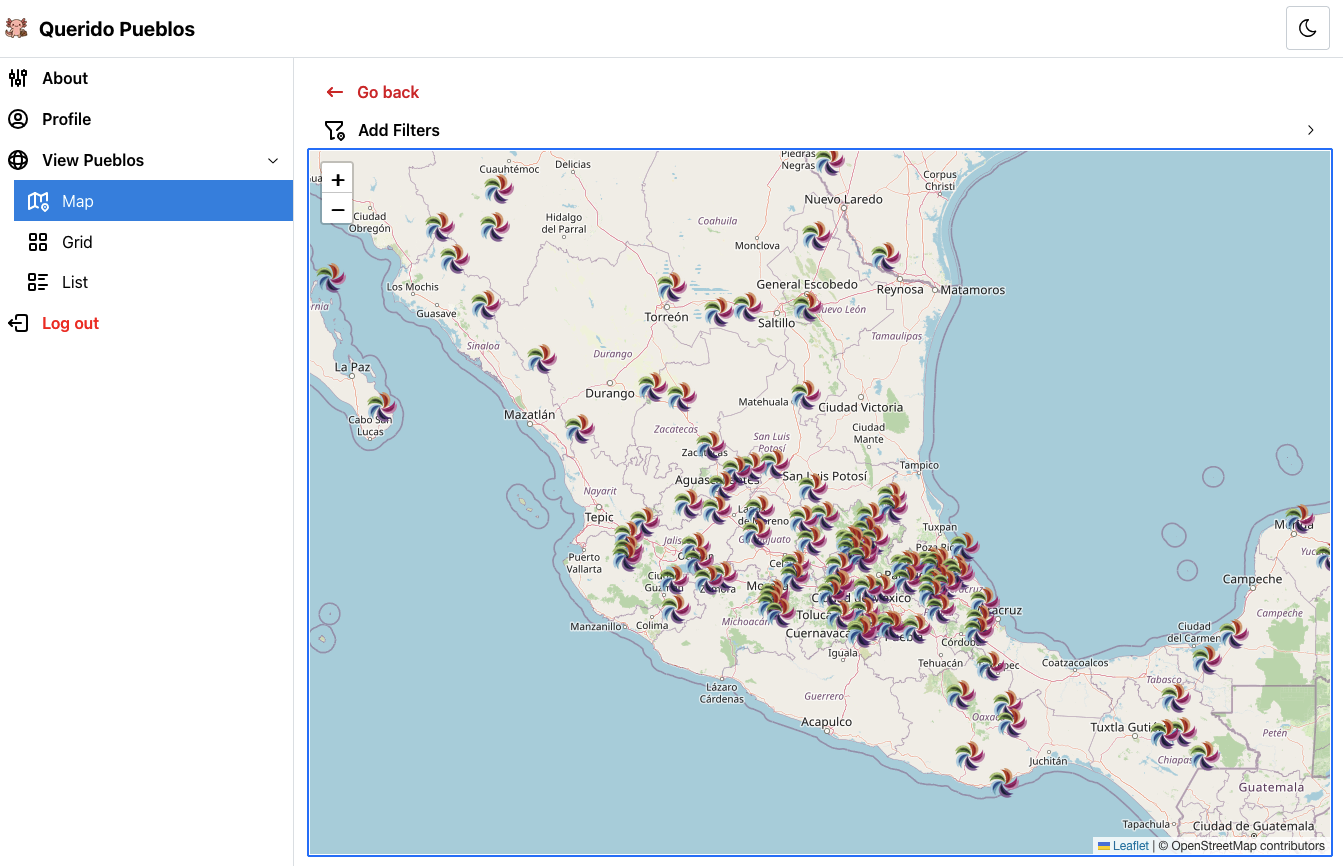 View of the interface of querido pueblos website. showing a map of Mexico and navigation bar on the left
